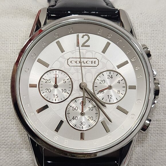 NIB Vintage Coach Chronograph Watch Stainless W/Blk Patent Leather Band - Picture 2 of 9